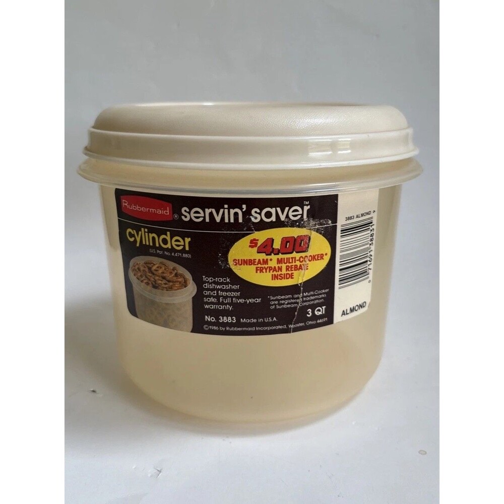 NWT 1986 Rubbermaid Servin Saver 3Qt Round Cylinder Container Almond W/Lid